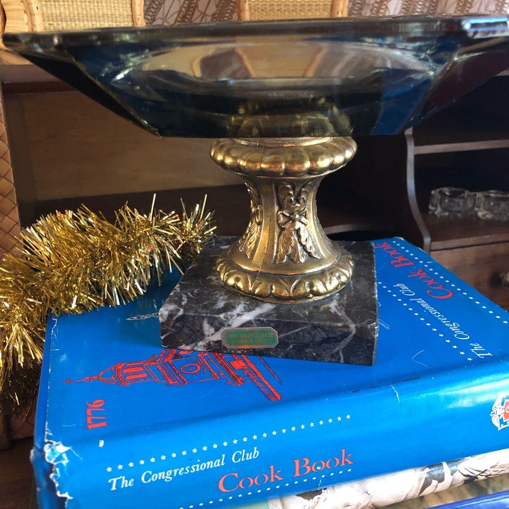 Grey art glass with marble vintage base compote, very heavy and good condition.
